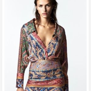 NWT ZARA Boho silk scarf print Long sleeve V-neck top